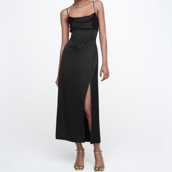 Zara Women’s High Slit Black Satin Corset Midi Dress - Picture 9 of 12